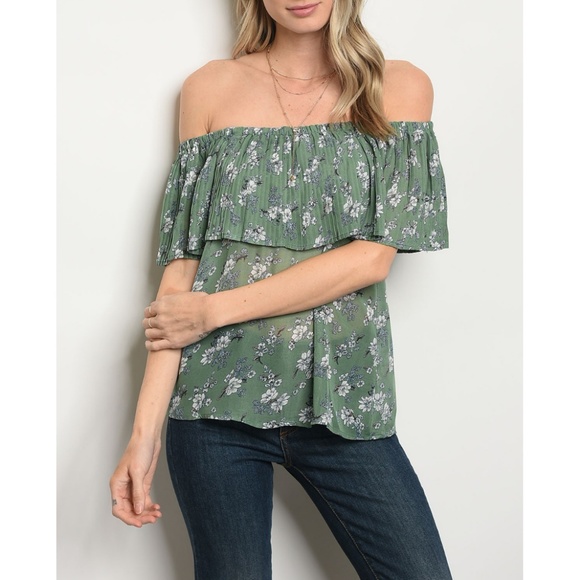 Green Ivory Floral Off Shoulder Top {Alythea} - Picture 2 of 6